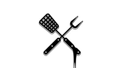 Wall Mural - Black Crossed fork and spatula icon isolated on white background. BBQ fork and spatula sign. Barbecue and grill tools. 4K Video motion graphic animation