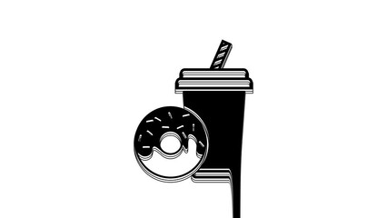 Poster - Black Soda drink with drinking straw and donut icon isolated on white background. Fast food symbol. 4K Video motion graphic animation