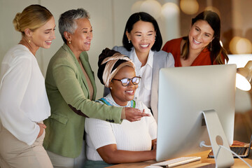 Poster - Computer, management and a business woman with her team, laughing while working in collaboration at the office. Teamwork, diversity and coaching with a senior female manager training staff at work