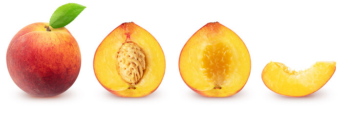 Poster - Whole fresh peach fruit with leaf, half and pieces in a row isolated on white background with clipping path
