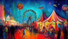 Paint Like Illustration Of Carnival Funfair With Tent And Ferris Wheel, Generative Ai