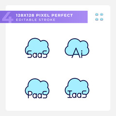 Wall Mural - Structure of cloud computing pixel perfect RGB color icons set. Virtual data services. Artificial intelligence. Isolated vector illustrations. Simple filled line drawings collection. Editable stroke