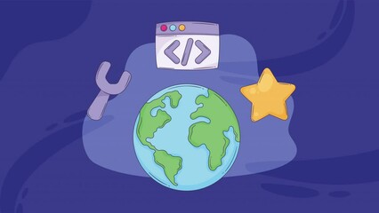 world with technology icons animation