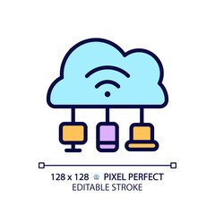 Wall Mural - Cloud based IoT pixel perfect RGB color icon. Internet of things features. Massive network with devices and apps. Isolated vector illustration. Simple filled line drawing. Editable stroke