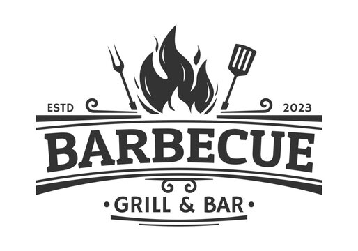 barbecue logo. bbq, grill icon, label or badge with fire flame, grill fork and spatula. meat restaur