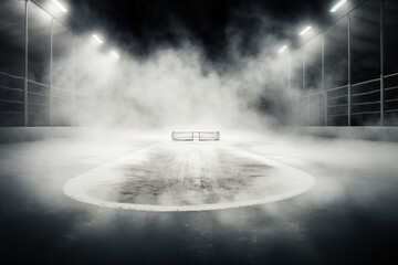 Indoor ice rink with fog and steam empty with no players and arena for spectators, illuminated sophisticates before hockey and figure skating games. Generative AI