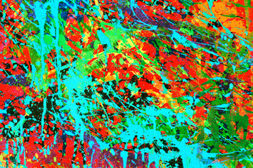 Canvas Print - Paint splash texture. Graffiti background. Spray pattern. Red paint blob pattern. Blue paint leak background. Grunge stains on orange concrete. Paint splatter texture.