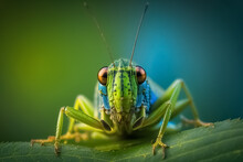 Green Grasshopper Sitting On Tree In The Garden. In-focus Shot Of A Grasshopper Perched On A Green Leaf. Meadow Grasshopper. Generative Ai