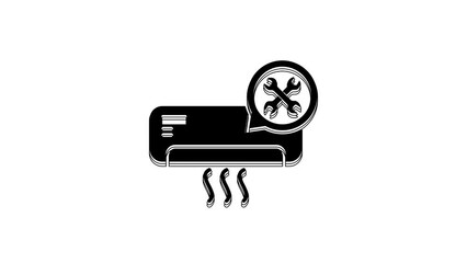 Sticker - Black Air conditioner with screwdriver and wrench icon isolated on white background. Adjusting, service, setting, maintenance, repair, fixing. 4K Video motion graphic animation