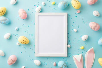 Wall Mural - Easter concept. Top view photo of photo frame yellow white blue pink eggs easter bunny ears and sprinkles on isolated pastel blue background with empty space