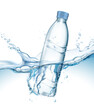 Transparent realistic vector mineral water plastic bottle in water with water splash and drops on light background 