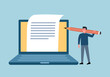 © Orapun - Copywriter freelance and blogger author create online article content concept vector illustration. Male writing web content on computer.