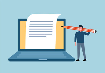 Copywriter freelance and blogger author create online article content concept vector illustration. Male writing web content on computer.