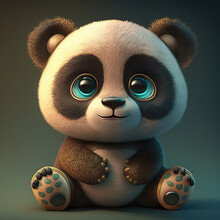 Cute Baby Panda 3d Character. Cartoon Pet With Big Blue Eyes, 3d Render Generative Ai Illustration. Cartoon Little Bear Illustration.