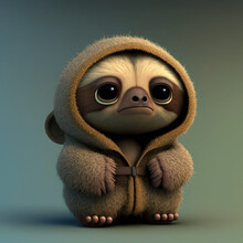 Cute Baby Sloth In Hood 3d Character. Cartoon Pet With Big Eyes, 3d Render Generative Ai Illustration. Cartoon Little Lazy Sloth Illustration.