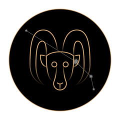 ARIES zodiac horoscope astrology label with element, planet icon glyph. Thin line sign symbol art design vector illustration