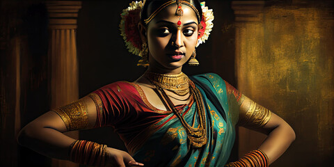 Wall Mural - Indian fictional bharatnatyam dancer, generative AI