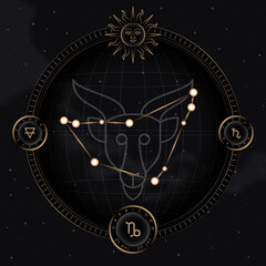 capricorn zodiac horoscope astrology label with element, planet icon glyph. thin line sign symbol ar
