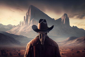 Cowboy in traditional hat looks at mountains in bright autumn colors