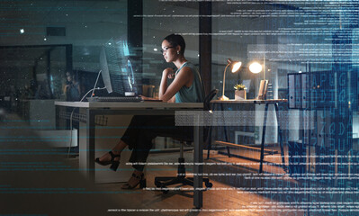Poster - Computer, future hologram and night woman reading global communication, networking research or analytics. Digital transformation overlay, ui dashboard and African person work on network data analysis