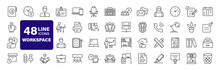 Office Workspace Set Of Web Icons In Line Style. Office And Coworking Icons For Web And Mobile App. Office, Remote Working, Meeting, Co-worker, Workspace, Desk, Computer, Business Icons And More