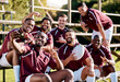 © Anela R/peopleimages.com - Selfie, peace sign and rugby team smile ready for exercise, sports training and workout on field. Fitness, teamwork and athletes pose for picture for memory or post of competition, game or practice