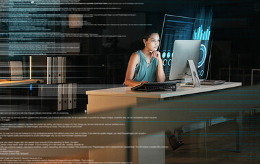 Poster - Computer, hologram hud or person reading future administration dashboard, ui chart or cloud computing software. Digital transformation web, night overlay or black woman focus on fintech data analysis