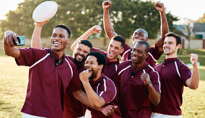 Rugby, success or happy team in selfie to celebrate goals, achievement or group victory together on field. Men, winner or excited sports athletes take photo for winning a competition or tournament