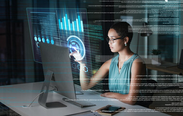 Leinwandbilder - Computer hologram, finance or woman point at future administration dashboard, research chart or ui software. Digital transformation, cloud computing overlay or African accountant review data analysis