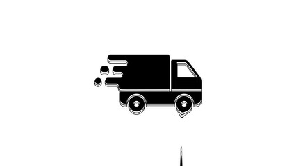 Sticker - Black Delivery truck in movement icon isolated on white background. Fast shipping delivery truck. 4K Video motion graphic animation