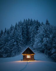 Wall Mural - fantastic winter landscape with glowing wooden cabin in snowy forest. cozy house in carpathian mount