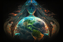 Generative AI.Poster For Mother Earth Day With The Image Of A Beautiful Woman In The Image Of Mother Nature. The Salvation Of The Earth And Earth Day, The Concept Of A Green Day. Horizontal Wide 