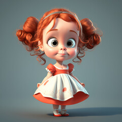 Sticker - Cute young girl 3d character. Cartoon little girl with big eyes, dress and curly red hair. 3d render illustration. Generative AI art. 