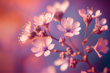 Wall Mural - Brunch of light pink cherry or sakura blossoms on background. Botanical selective focus. AI Generated