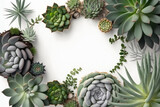 Fototapeta  - Succulents on a white background in the form of a frame. AI generative.