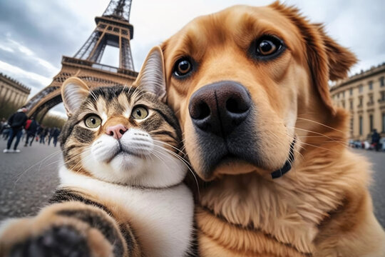cat and dog taking a selfie shot in eiffel tower in france. generative ai