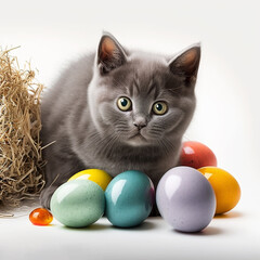 Wall Mural - Festive colorful Easter eggs and a small gray kitten on a white background. Generative AI, generative artificial intelligence