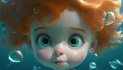 Girl illustration underwater. Generative AI.