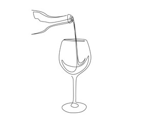 Wall Mural - Continuous one line drawing of abstract pouring wine into the wine glass. simple wine glass line art vector illustration.