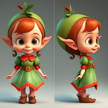 Cute Young Elf Girl 3d Character. Cartoon Fairytale Baby Elf With Big Eyes, Green Dress And Sharp Ears.  3d Render Illustration. Generative AI Art.