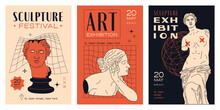 A Set Of Posters With Greek Sculptures. Template Of Flyers For An Exhibition Of Contemporary Art.