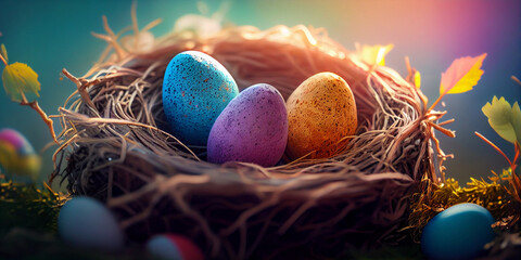 Wall Mural - Banner. Easter eggs, feathers in a nest on a blue background. AI Generated