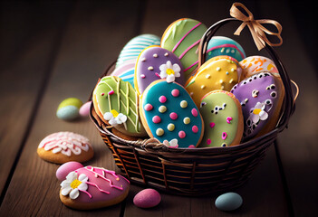 Sticker - Colorful easter cookies in basket on wooden background. AI Generated