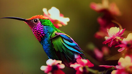 Wall Mural - exotic colibri, hummingbird on a flower, tropic garden with beautiful multicolor bird, generative ai