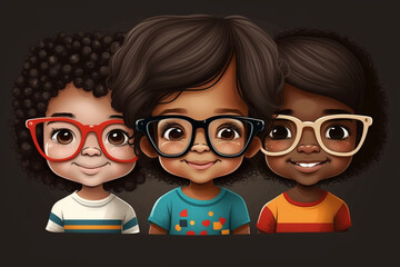 Multi-ethnic happy children faces with glasses. Ai generated. Illustration of cartoon children's portraits.