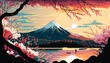 Sunrise at Mt. Fuji, spring and River with Cherry Blossoms in Japan, illustration - Generative AI