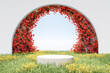Abstact 3d render spring scene and Natural podium background, Stone podium on yellow flowers, grass field, backdrop red flowers arch door, sky and clouds for product display advertising, cosmetic, etc