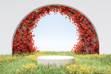 Abstact 3d Render Spring Scene And Natural Podium Background, Stone Podium On Yellow Flowers, Grass Field, Backdrop Red Flowers Arch Door, Sky And Clouds For Product Display Advertising, Cosmetic, Etc