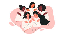Embrace Equity International Women Day 2023. Woman Hug Yourself Vector Illustration Poster. 8 March Feminine Banner. EmbraceEquity. Female Empowerment Movement. Sisterhood And Girl Power Concept