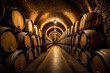 Wine barrels lined up in a traditional wine cellar, Generative AI